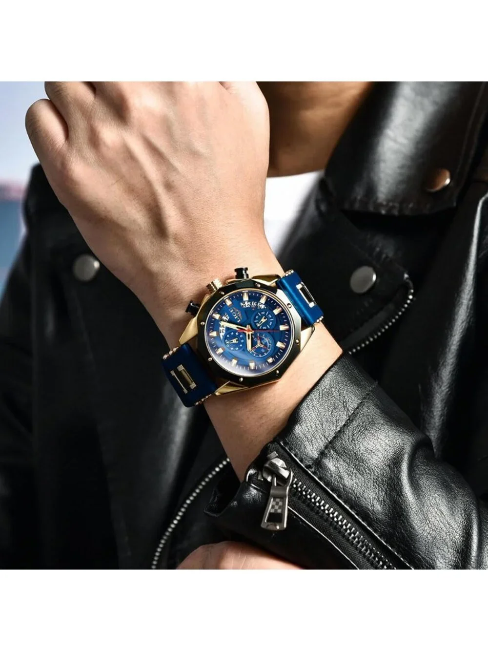 Men's Blue Gold Analog Quartz Unique Vintage Chronograph Waterproof Wrist Watch